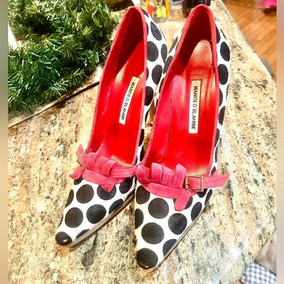 Manolo Blahnik Black and Pink Polka Dot Heels/ Pony Hair Vintage - Picture 16 of 16